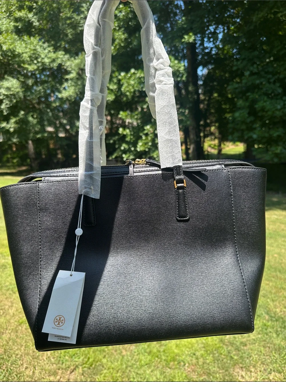 Tory Burch Black Structured Robinson Small Tote with Gold Logo New